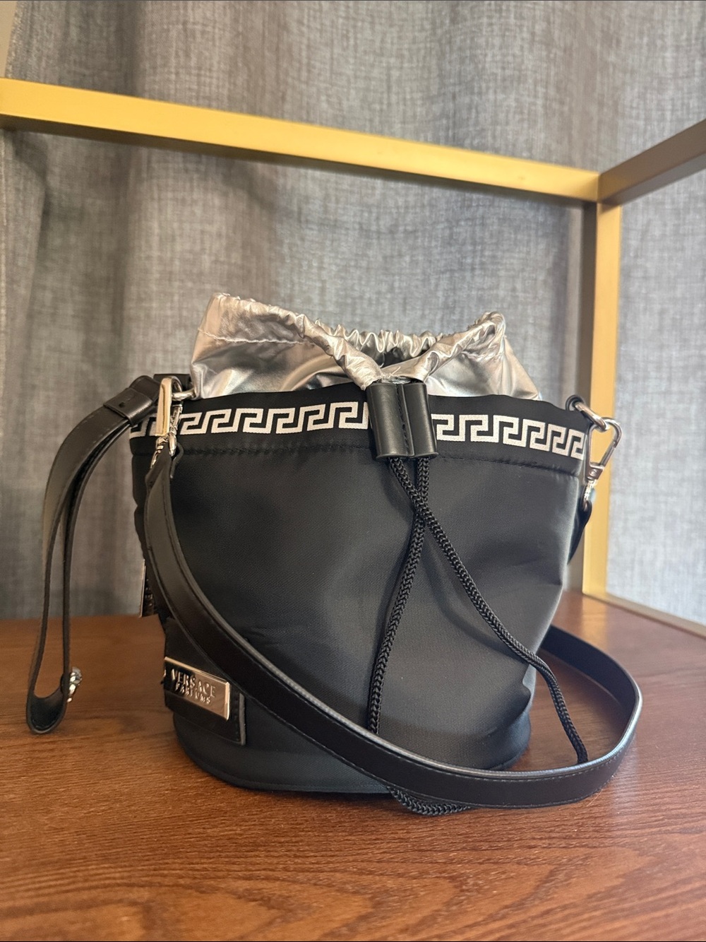 Versace Parfums Collection Black/Silver Drawstring Crossbody/Wristlet Bag NWOT